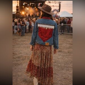 Upcycled Levi's Embellished Blue Denim Jacket with Lace and Gold Leaf Accents XS